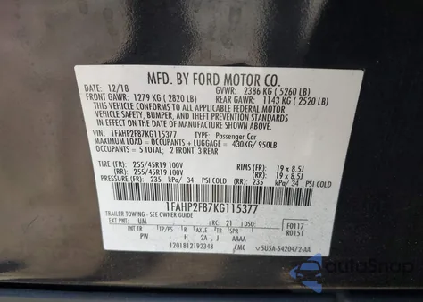 2019 Ford Taurus Limited from USA, damaged, VIN 1FAHP2F87KG115377